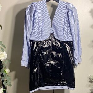 Fashion Nova Glossy Black and Striped Blue Dress